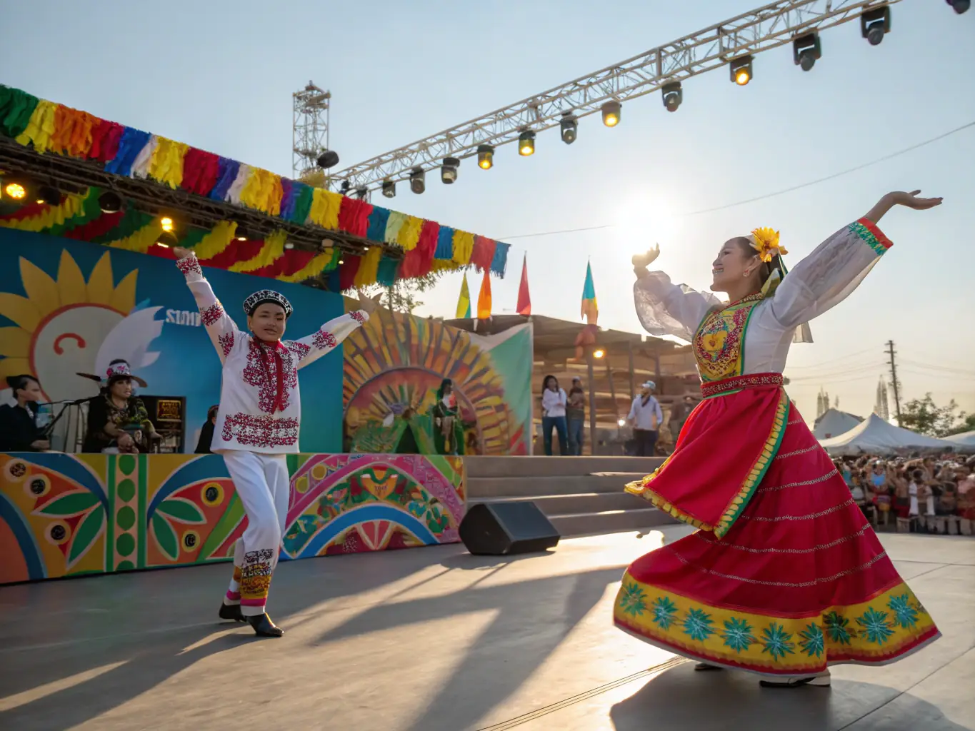 A vibrant scene from a cultural event, featuring traditional Mayan dances, music, and costumes. The event is well-attended by community members of all ages, celebrating and preserving Mayan heritage.