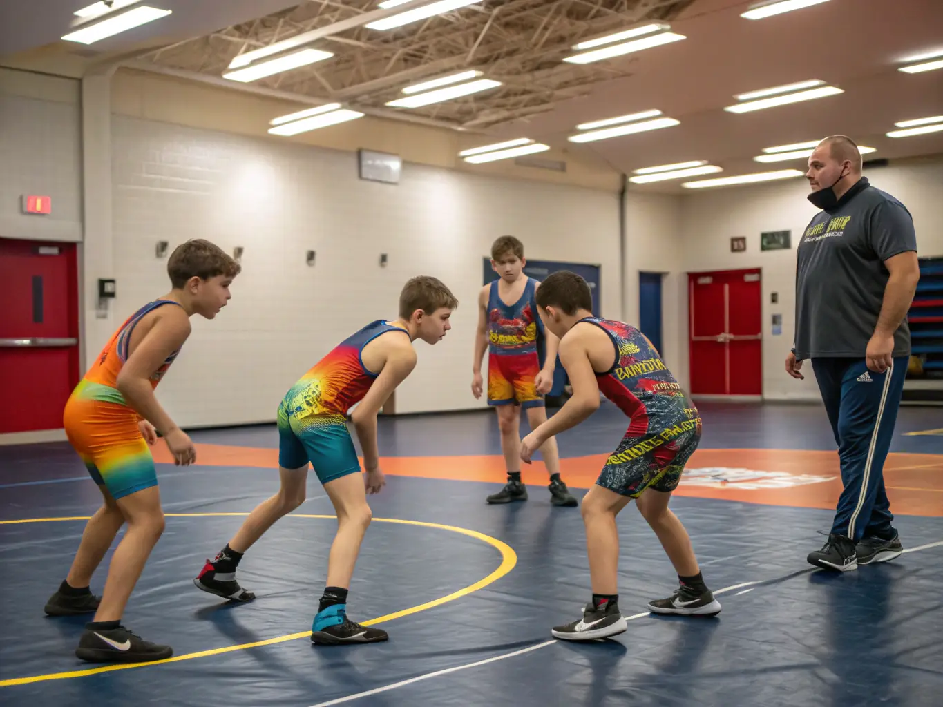 A group of young participants engaged in a wrestling training session, showcasing the discipline and physical activity involved in the program. The setting is a well-equipped training facility with mats and supportive instructors.