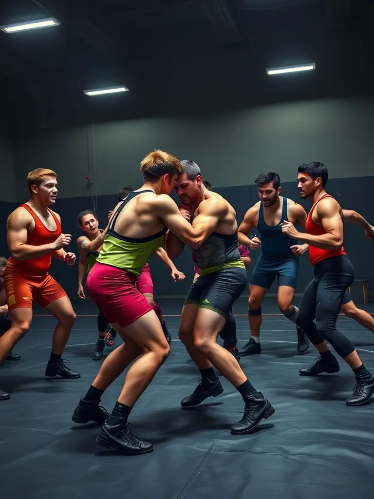 A group of young participants with diverse abilities engaged in a wrestling training session, showcasing the inclusive nature of MAAYA SAASTAL's adapted sports program.