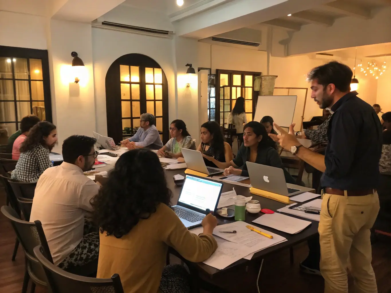 Participants actively involved in a workshop session, learning new skills and engaging in discussions. The atmosphere is collaborative and supportive, with facilitators guiding the participants through the learning process.